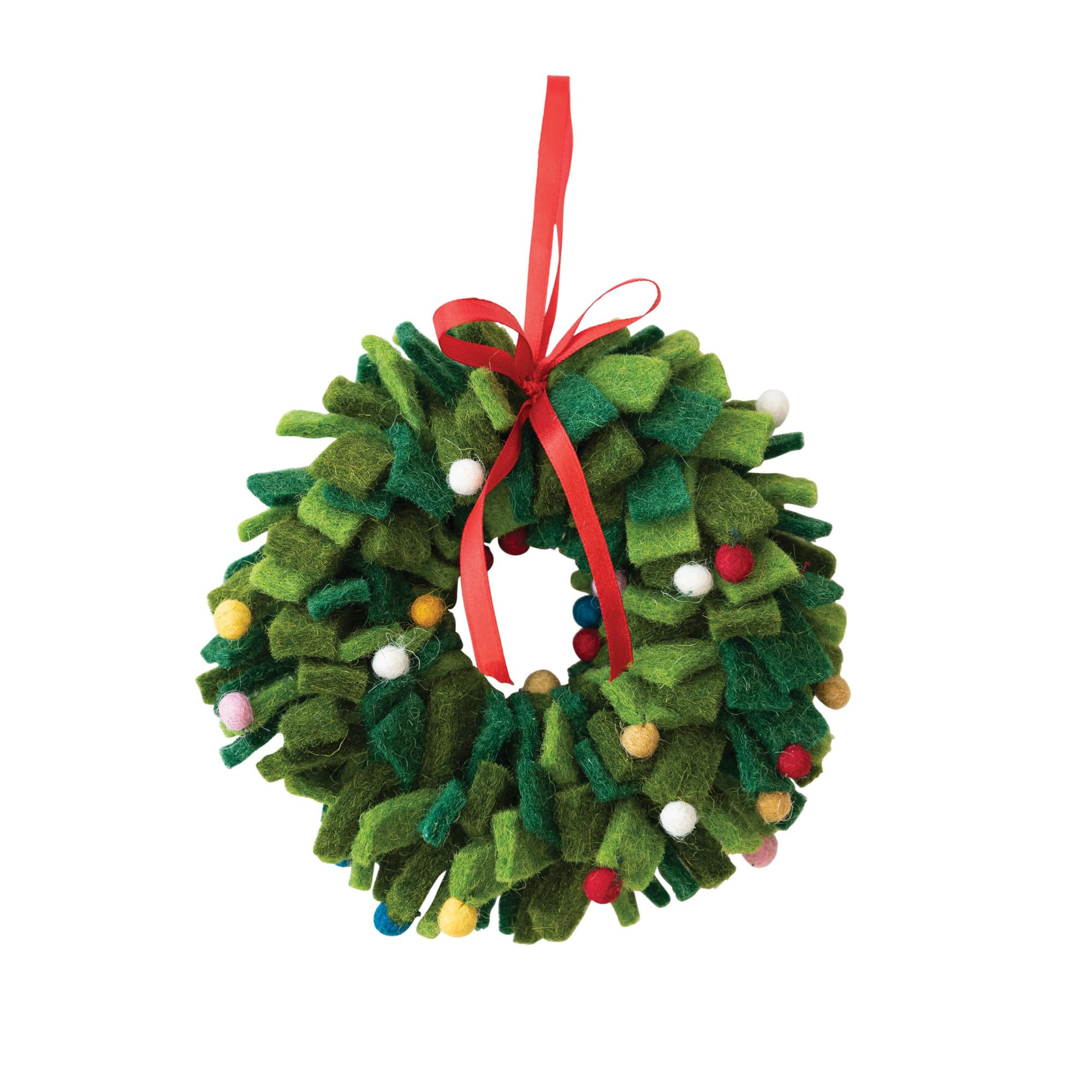 Creative Co-Op Round Handmade Wool Felt Wreath Ornament with Multicolor Pom Poms, Green | Amazon (US)