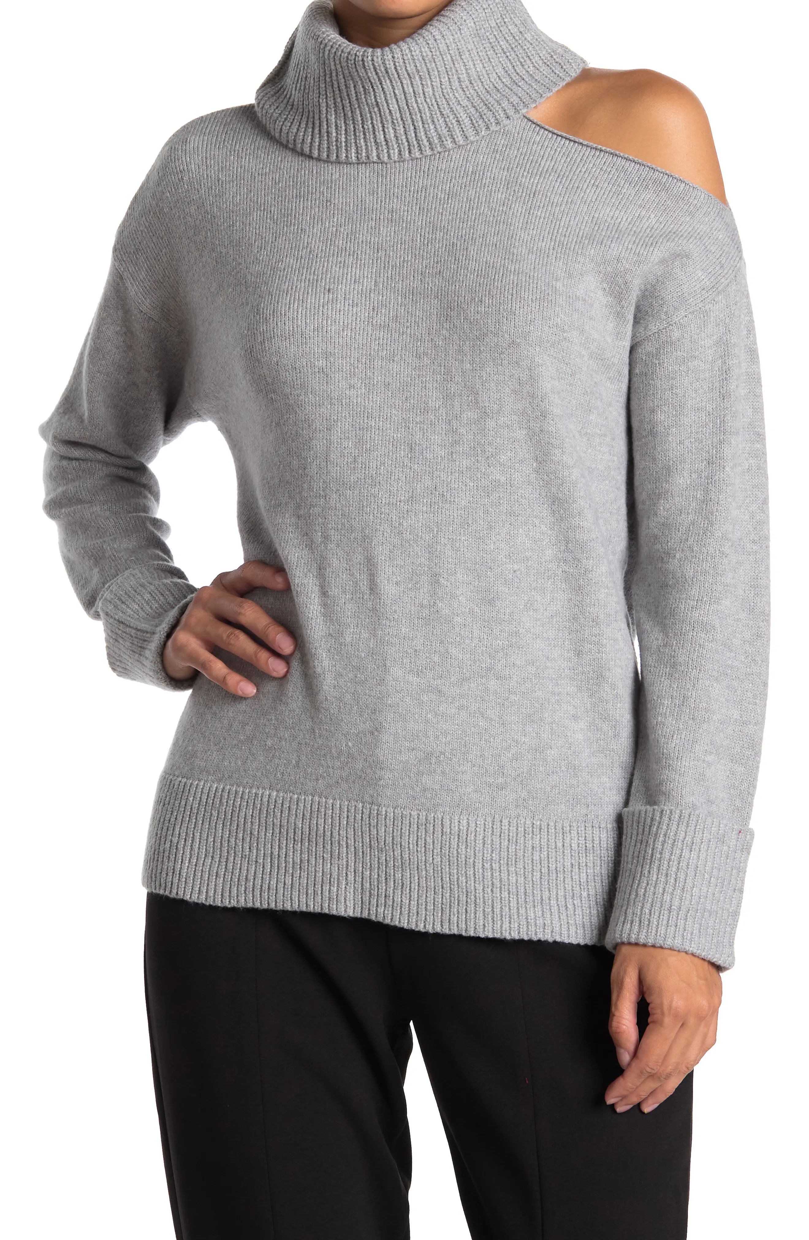1.STATE Cutout Shoulder Turtleneck Sweater, Size Large in Silver Hthr at Nordstrom | Nordstrom
