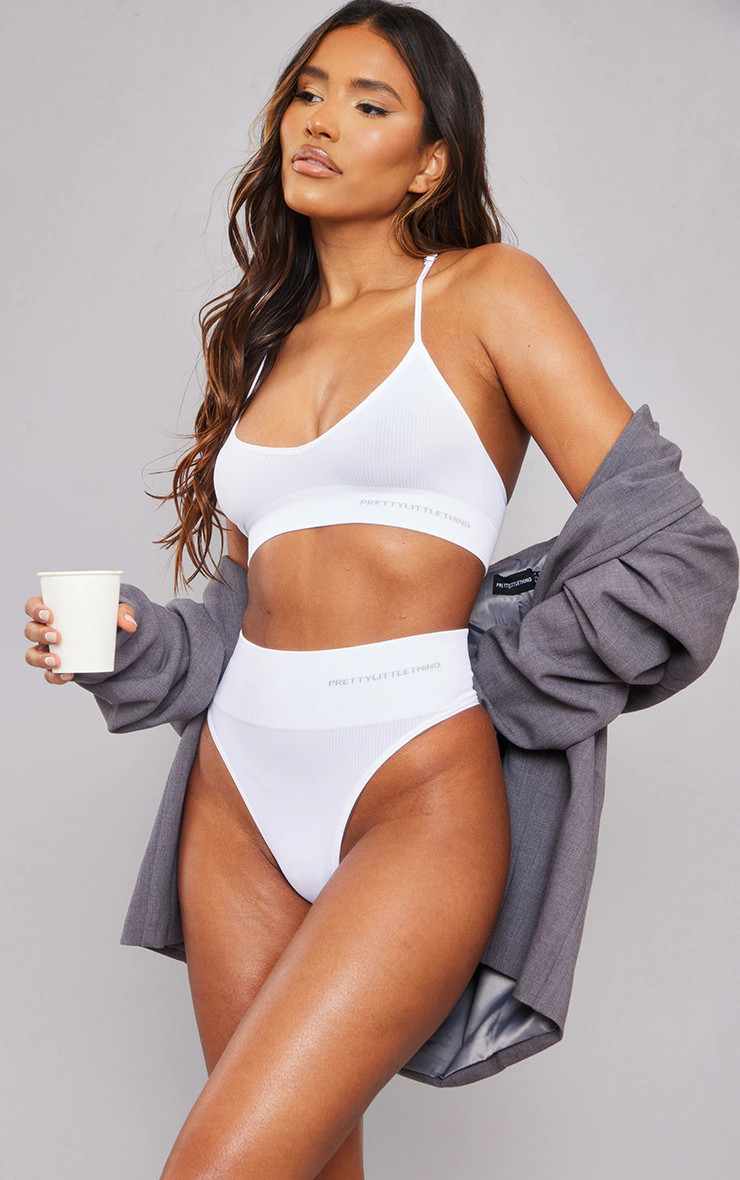 PRETTYLITTLETHING White Seamless Rib Racer Back Bra | PrettyLittleThing UK