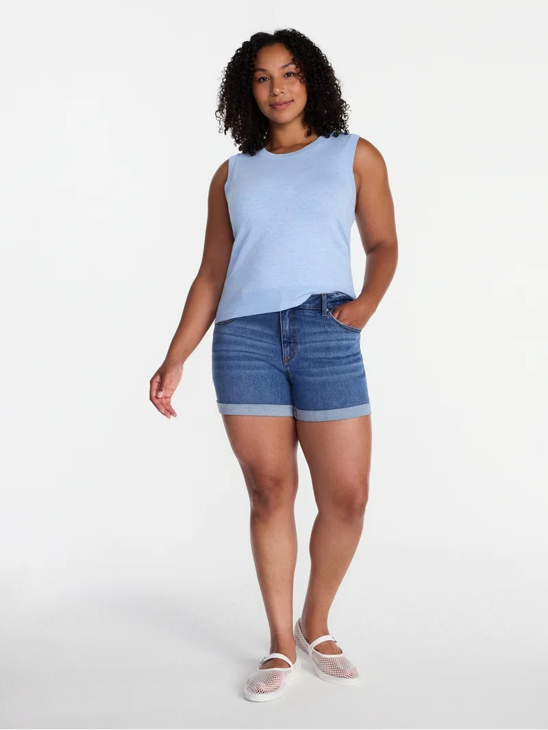 Time and Tru Women's Mid Rise Roll Cuff Denim Shorts, 4" Inseam, Sizes 0-20 | Walmart (US)
