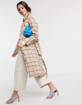 & Other Stories recycled wool check longline shacket in gray and brown | ASOS (Global)