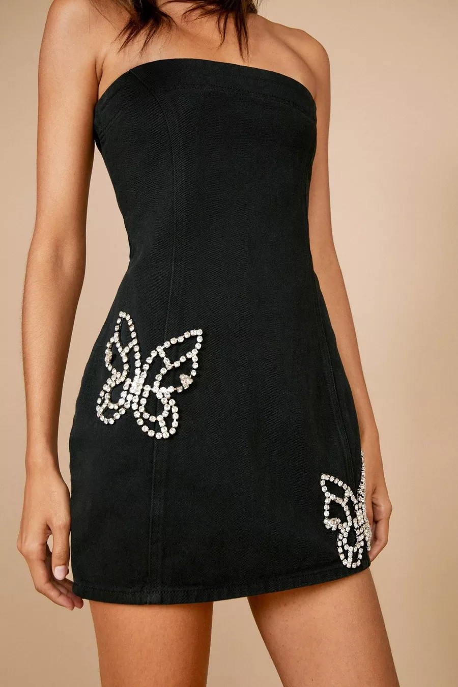 Premium Bling Butterfly Denim Bandeau Mini Dress | Nasty Gal (US)
