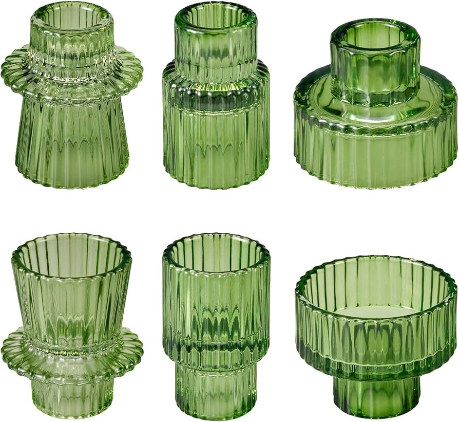 Green Taper Glass Candlestick Holders Set of 6, Tea Lights Candle Holder, Votive Candle Stick Hol... | Amazon (US)