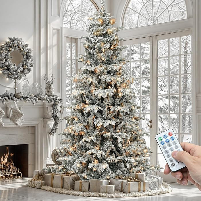 YITAHOME Pre-Lit Flocked Artificial Christmas Tree with Remote, 6.5 FT Snow Flocked Natural Layer... | Amazon (US)