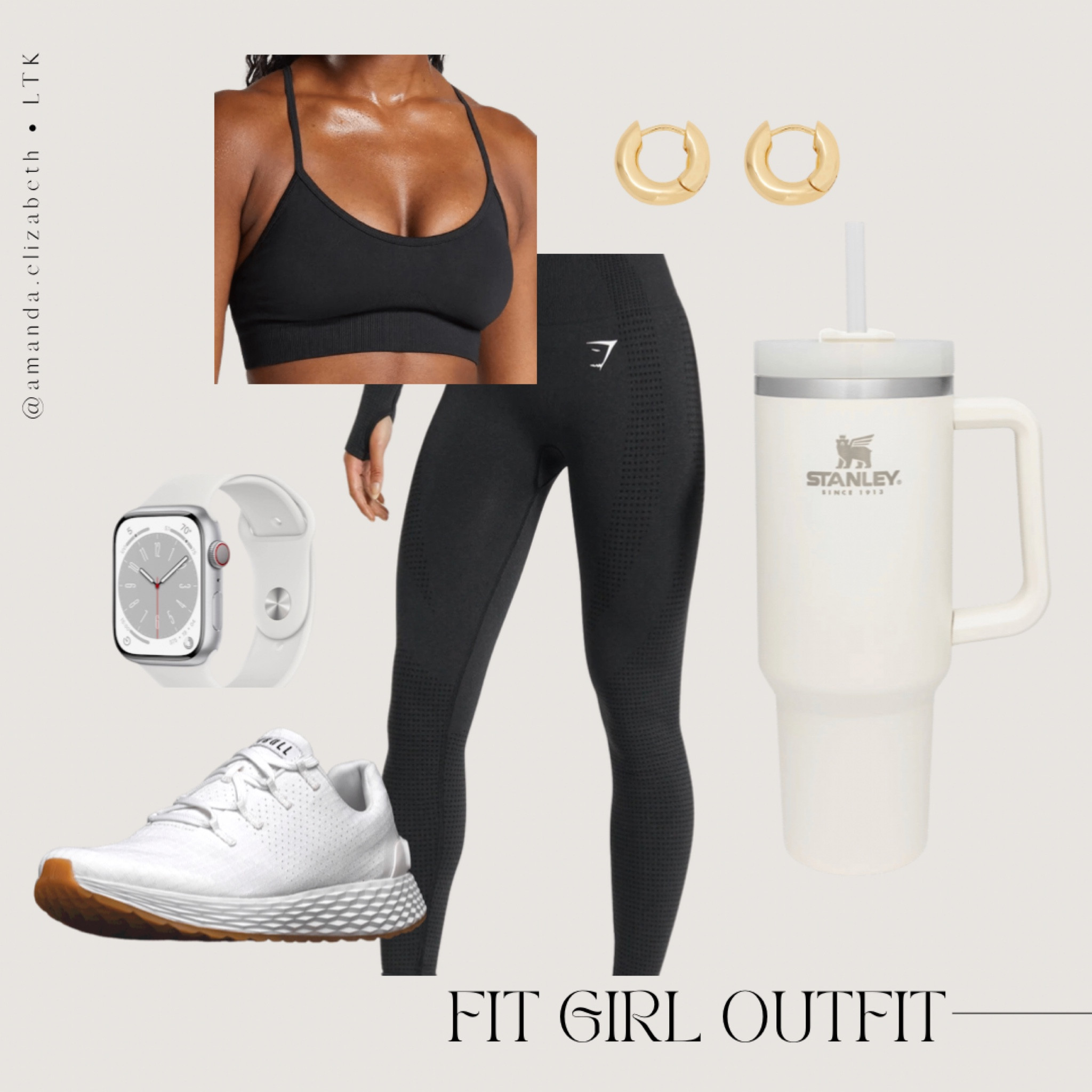 fit girl gym outfit inspiration - black gymshark vital seamless 2.0 leggings, gymshark black sweat seamless sports bra, nobull white ripstop runner, white stanley thermos, a silver apple watch with a white strap and finishing it off with a pair of gold huggie hoop earrings 🤍 

#LTKstyletip #LTKfit #LTKunder100