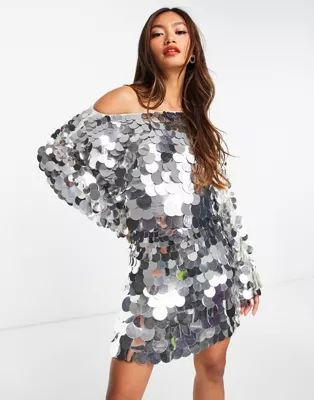 ASOS DESIGN slouchy embellished mini dress in silveroversized disc sequin | ASOS | ASOS (Global)