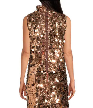 Cropped Sleeveless Disco Sequin Mock Neck Button Back Cropped Coordinating Boxy Top | Dillard's