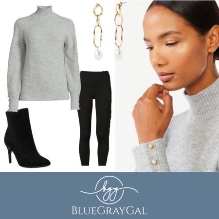 A pretty outfit for a work party! I love the Pearl detail on the gray turtleneck sleeve.  It will catch the light when drinking wine! Paired with in are pull on pants so you can eat comfortably all night and black booties. 
An easy to wear workwear outfit!

#LTKHoliday #LTKunder50 #LTKworkwear