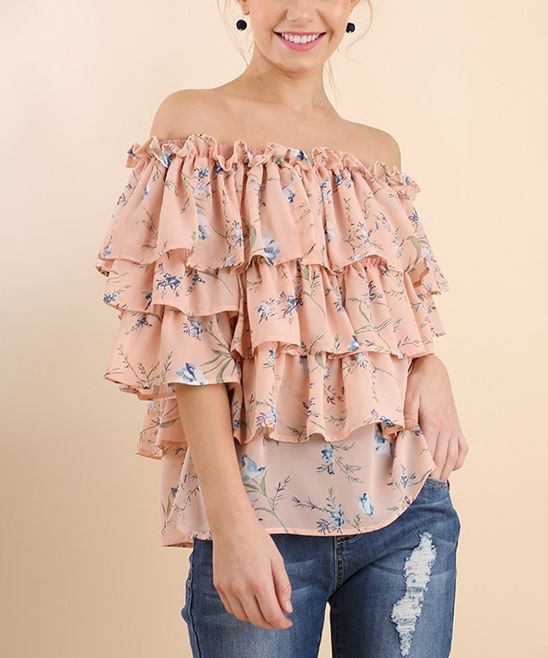 Blush Floral Ruffle-Tier Off-Shoulder Top - Women | zulily