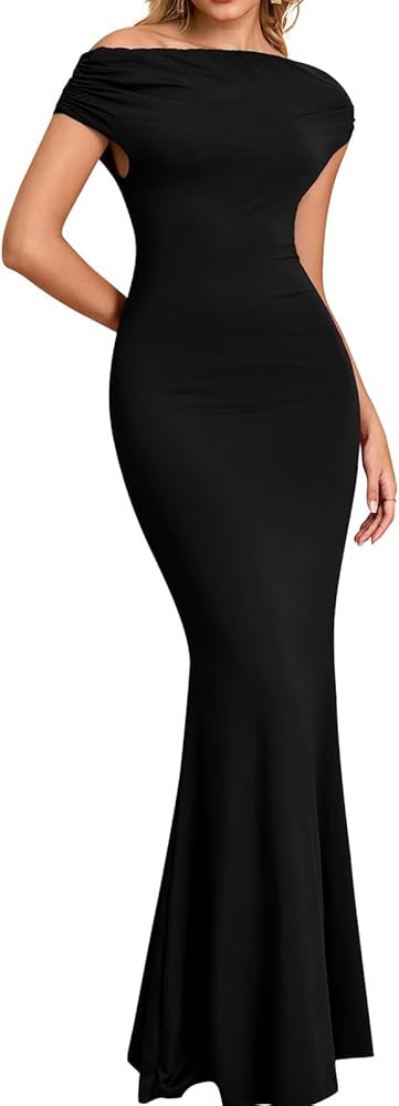 GLNEG Formal Off The Shoulder Wedding Guest Maxi Dress Fall Elegant Bodycon Cocktail Party Dresses for Women | Amazon (US)