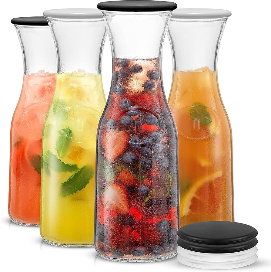 JoyJolt Glass Carafe with Lids. 4 Glass Carafes for Mimosa Bar 36 oz Capacity. 8 Lids! Brunch Dec... | Amazon (US)