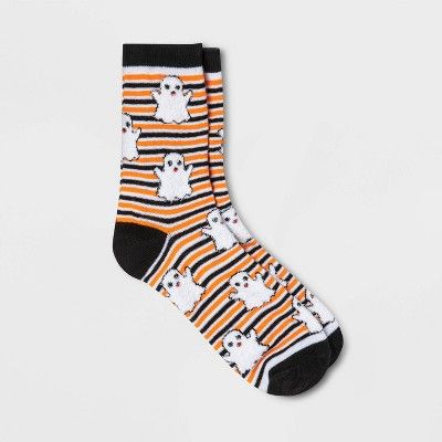 Women's Fuzzy Ghost Striped Halloween Crew Socks - Orange/Black 4-10 | Target