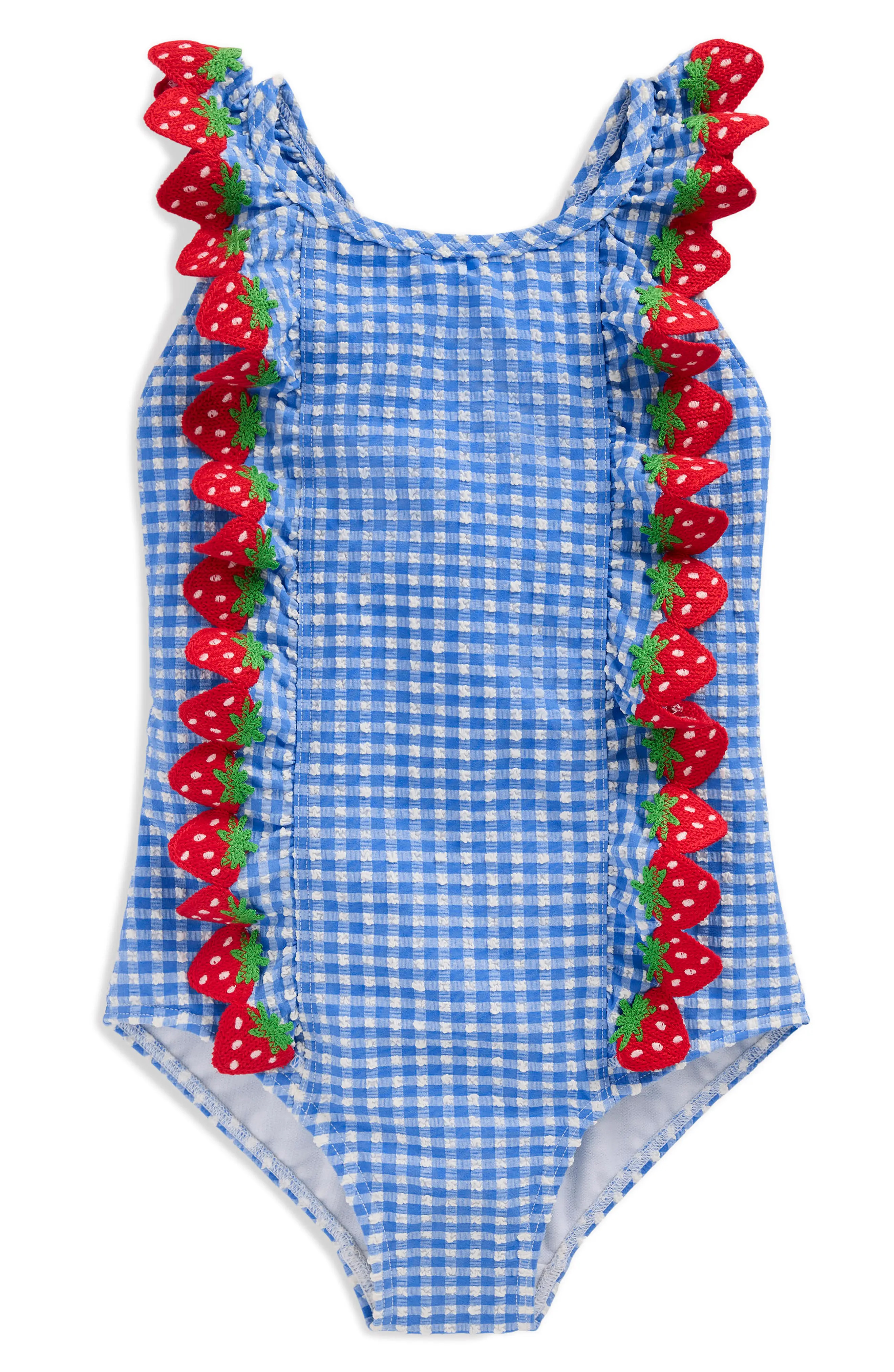 Kids' Strawberry Appliqu\u00e9 Ruffle Seersucker UPF 50+ One-Piece Swimsuit (Women) | Nordstrom | Nordstrom