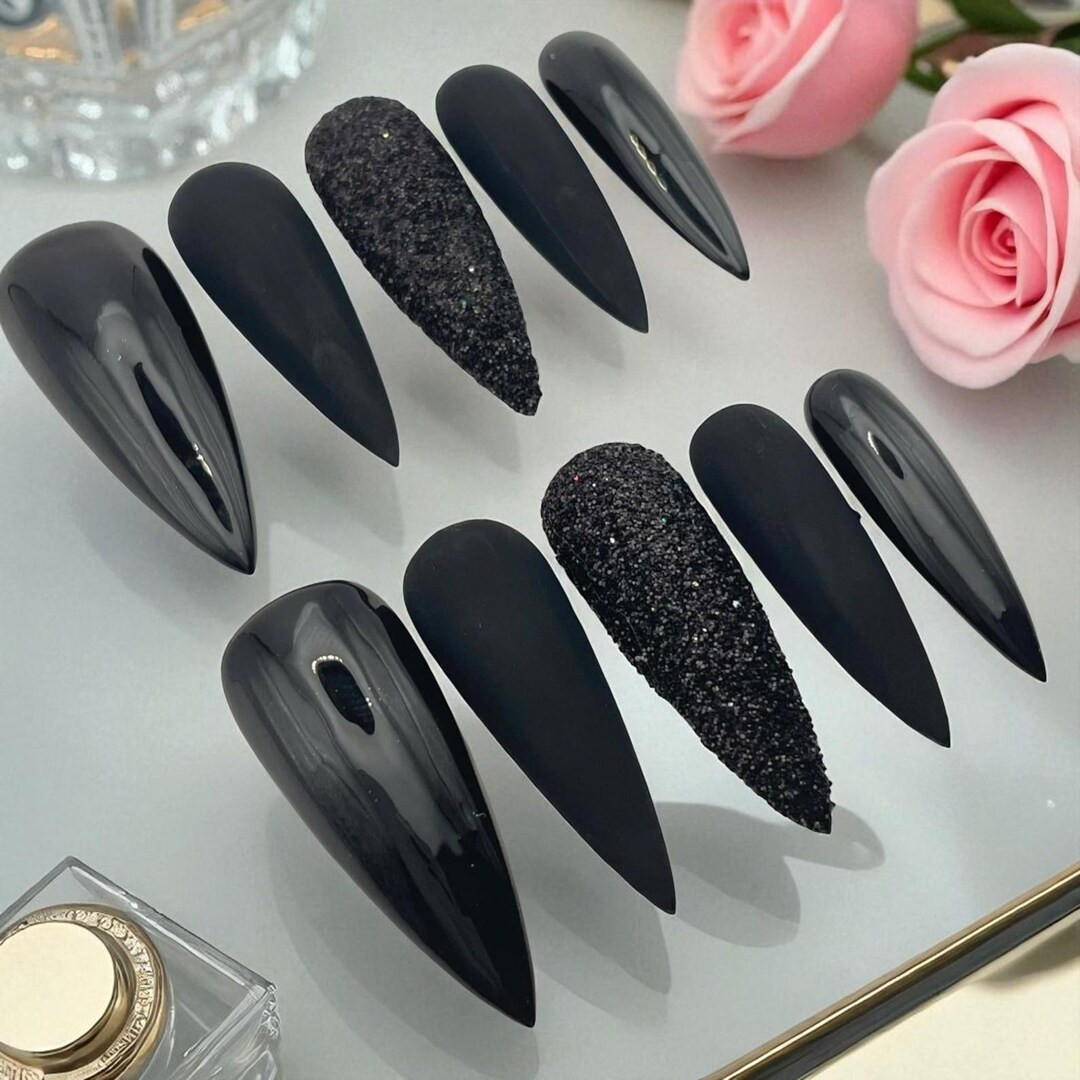 Black Press on Nails Set, Matte Glossy Glitter Almond Nails, Long Stiletto Fake Nails, Gothic Reu... | Etsy (US)
