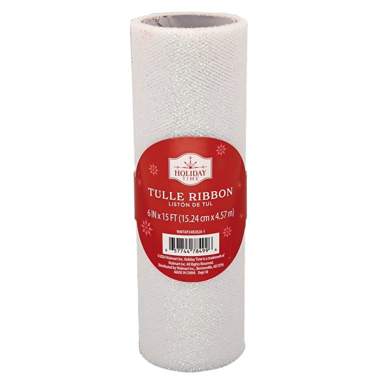 White Glitter Tulle Christmas Gift Wrap Ribbon, 6 in x 9 ft, by Holiday Time - Walmart.com | Walmart (US)
