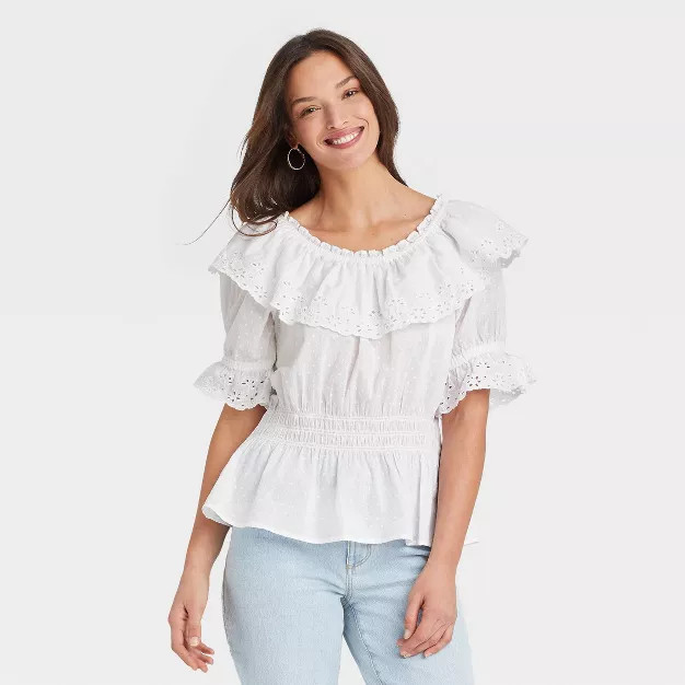 Women's Ruffle Short Sleeve Eyelet Peplum Blouse - Universal Thread™ | Target