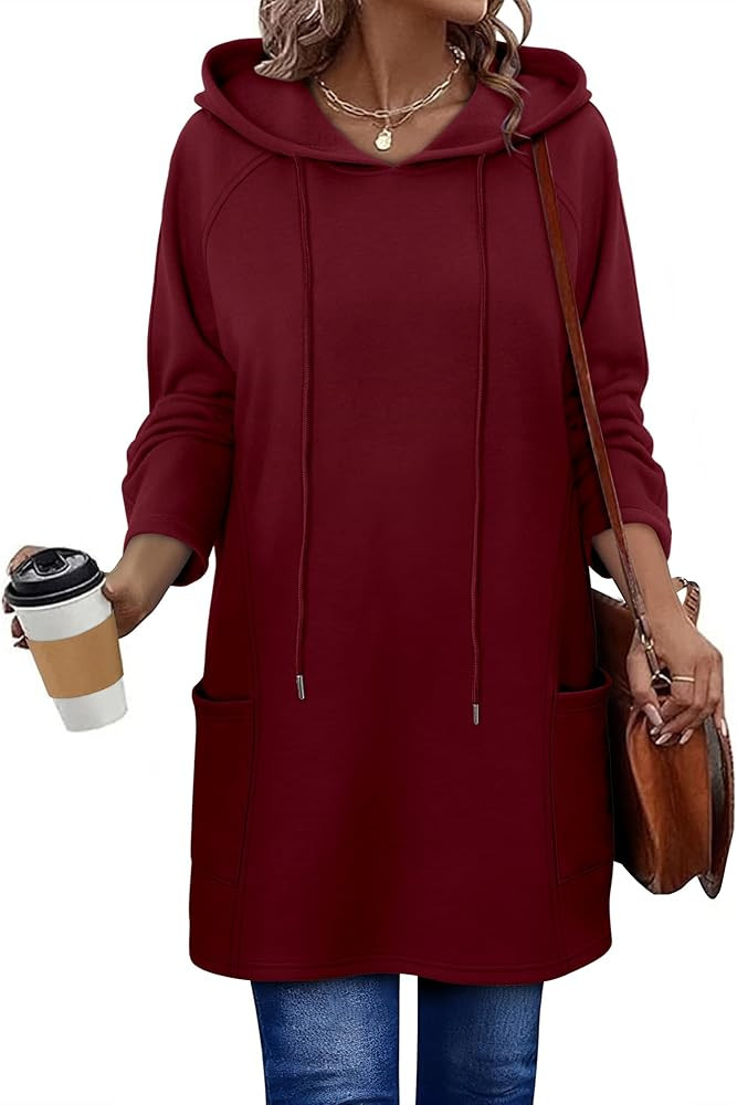 KISSMODA Women Hoodies Dress Long Sweatshirts Dress Raglan Sleeves Oversized Sweatshirts with Poc... | Amazon (US)
