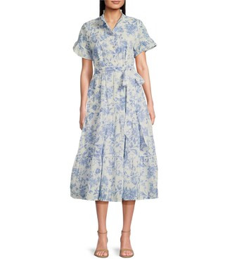 J.Marie Chloe Button Up Ruffle Sleeve Belted Tiered Midi A-Line Dress | Dillard's | Dillard's