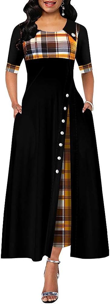 Women's High Waist Half Sleeve Plaid Print Round Neck Inclined Button Maxi Dress with Pocket | Amazon (US)