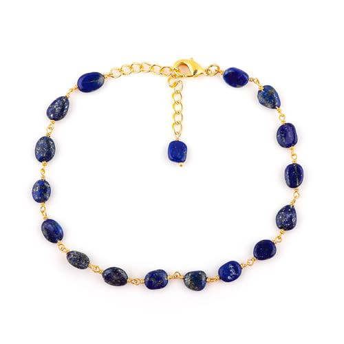 CRYSTALINES Natural Lapis Lazuli Gemstone Cluster Anklet, Tumbled Crystals Beads Rosary Chain Anklet, Gold Plated Handmade Women Jewelry, Bohemian Ankle Bracelet Gift (9+1.50inch) | Amazon (US)