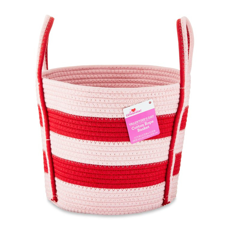 Valentine's Day Cotton Rope Storage Basket with Handle, Red & Pink Stripes, by Way To Celebrate | Walmart (US)