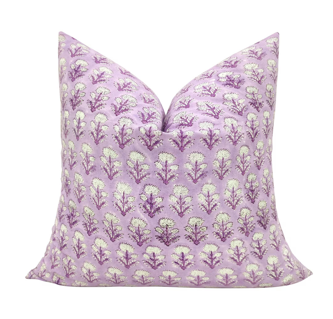 Indian Hand Block Print Throw Pillows Organic Cotton Purple Flowers, Pillowcase, Cushion Cover Sh... | Etsy (US)