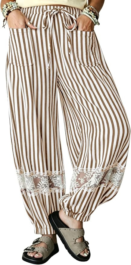 Yeokou Women's Boho Striped Lace Casual Harem Pants Drawstring Elastic Waist with Pockets for Bea... | Amazon (US)