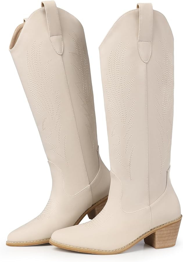 SHIBEVER Cowboy Knee-High Boots for Women: Cowgirl Vintage Leather Chunky Heel Wide Calf Pointed ... | Amazon (US)