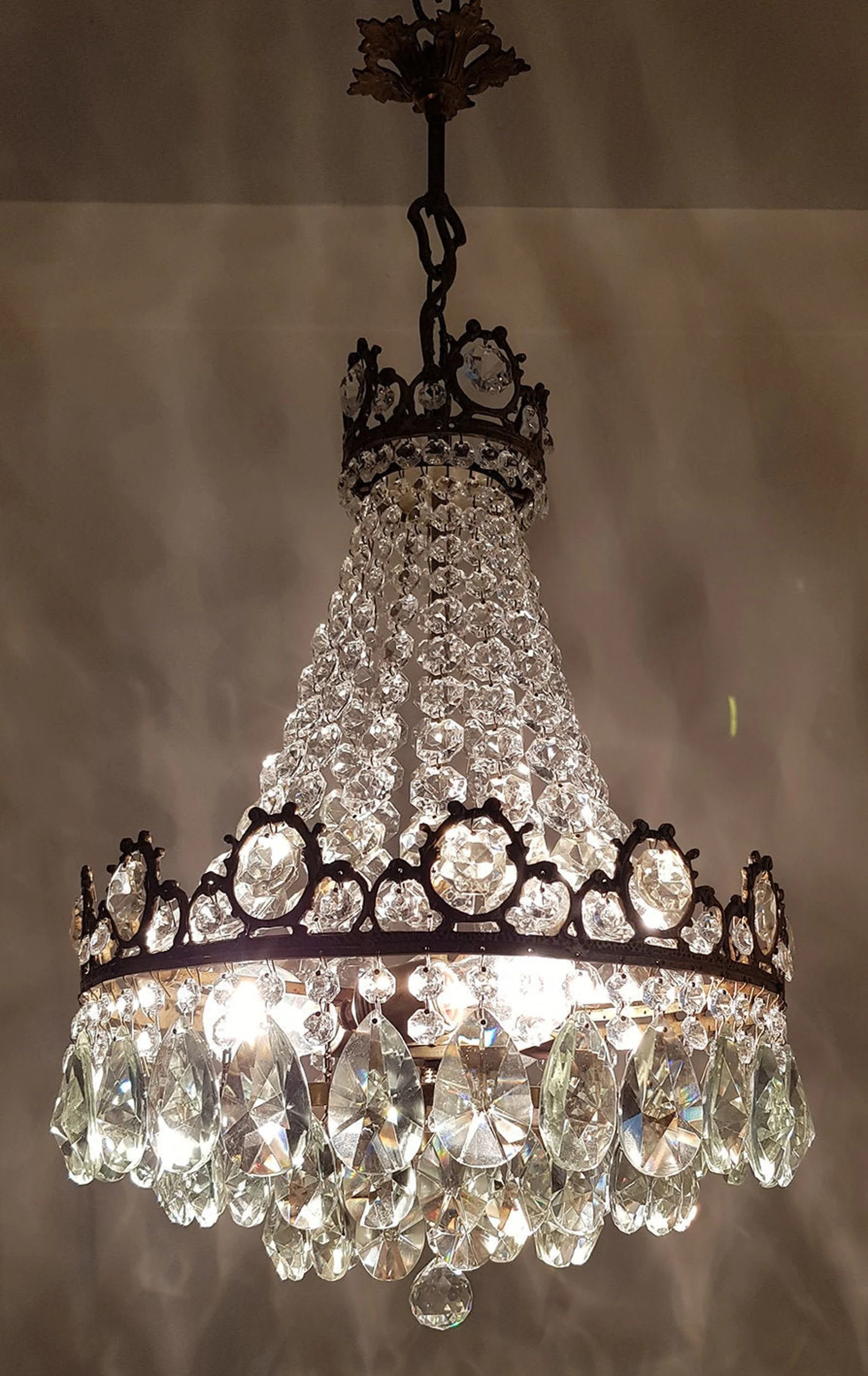 Antique / Vintage Brass & Crystals  French Chandelier Ceiling Light Pendant Lighting Glass Lamp f... | Etsy (US)