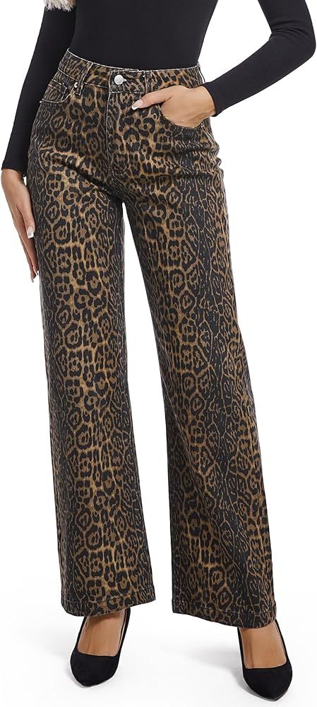 Women's Jeans Straight Leg Casual High Waisted Stretch Trendy Leopard Pull On Jeans for Women | Amazon (US)