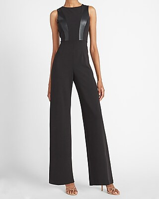 Vegan Leather Pieced Wide Leg Jumpsuit | Express
