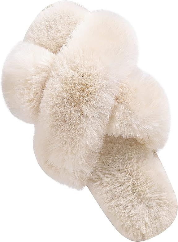 DL Womens Cross Band Soft Plush Slippers Furry Fleece Slip on Slippers Open Toe House Shoes Slides f | Amazon (US)