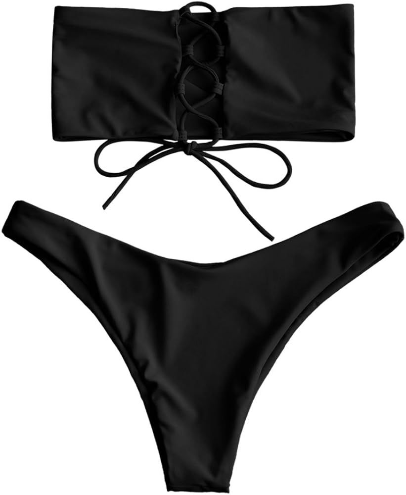ZAFUL Women's Back Lace-up Bandeau Bikini Set | Amazon (US)