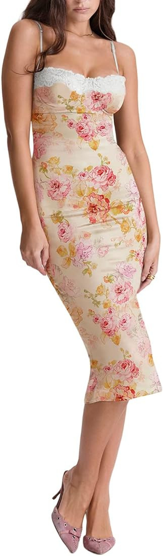 Women's Summer Spaghetti Strap Floral Maxi Dress Y2K Sexy Backless Split Long Dresses Low Cut Bod... | Amazon (US)