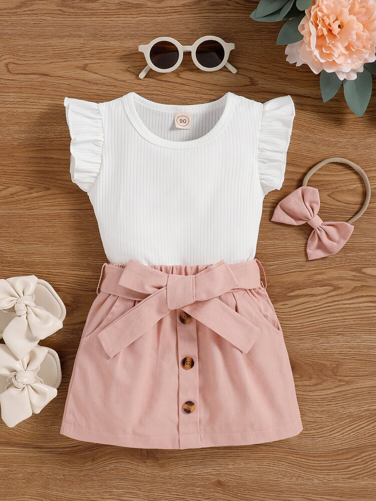 Toddler Girls Flutter Sleeve Tee & Fake Button Belted Skirt & Headband | SHEIN