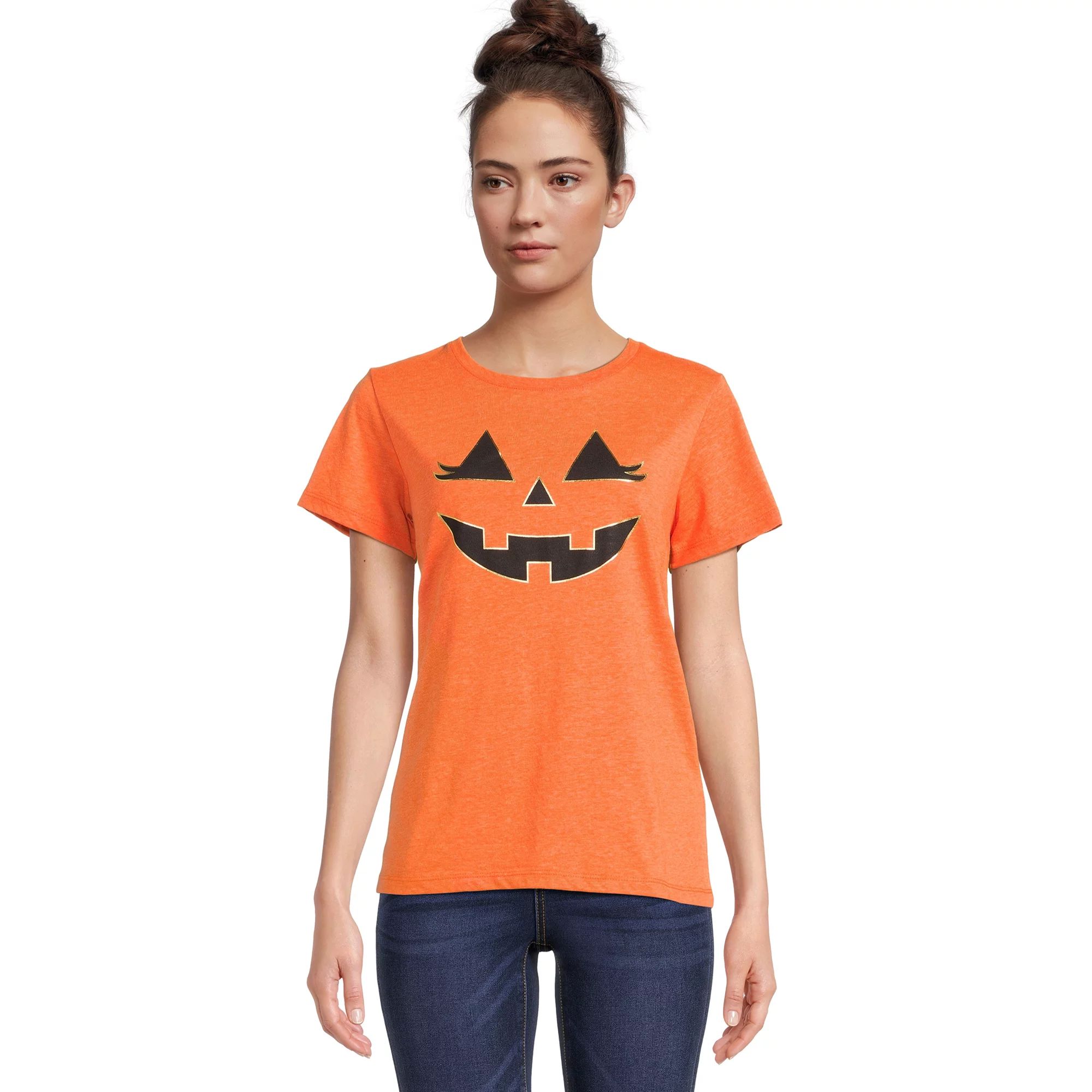 Women's Halloween Jack-O-Lantern Graphic Tee, Fall Short Sleeve T Shirt from Way to Celebrate, Si... | Walmart (US)