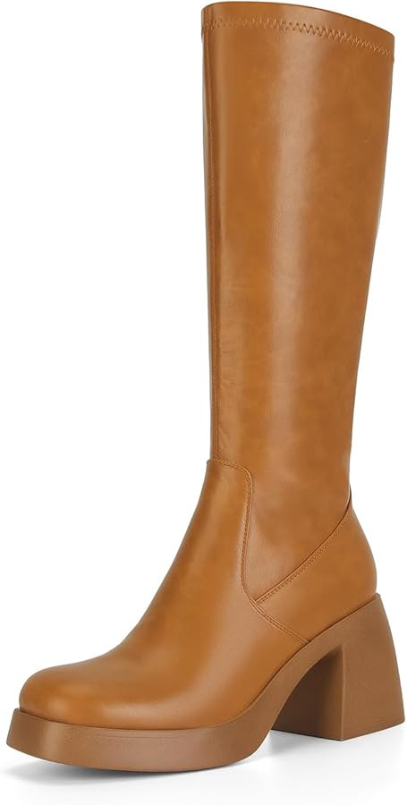 Dsevht Black Leather Knee High Boots for Women Platform Chunky Block Heeled Boots Round Toe Fashi... | Amazon (US)