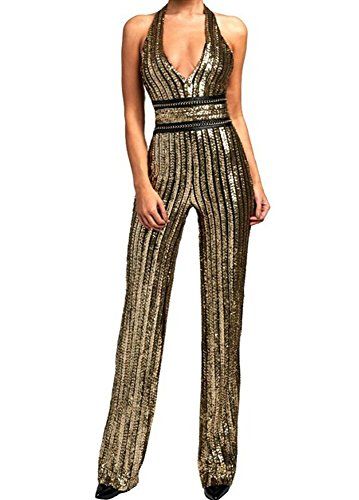 Missord Women's Deep-V Strapless Sleeveless Backless Playsuit Sequined Jumpsuit Gold Large | Amazon (US)
