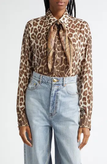 Illustration Leopard Print Scarf Detail Button-Up Shirt | Nordstrom