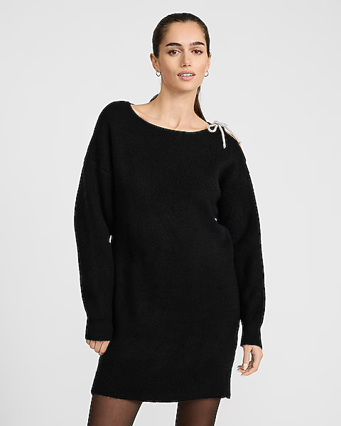 Boat Neck Rhinestone Bow Cold Shoulder Mini Sweater Dress | Express
