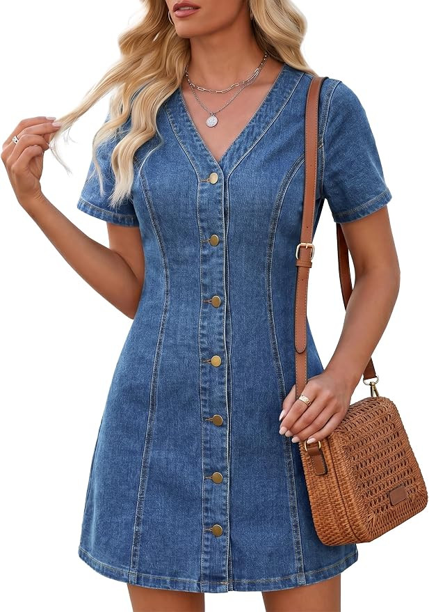 Denim Dress for Women V Neck Jean Dress A-line Short Sleeve Button Down Dress Casual Summer Chamb... | Amazon (US)