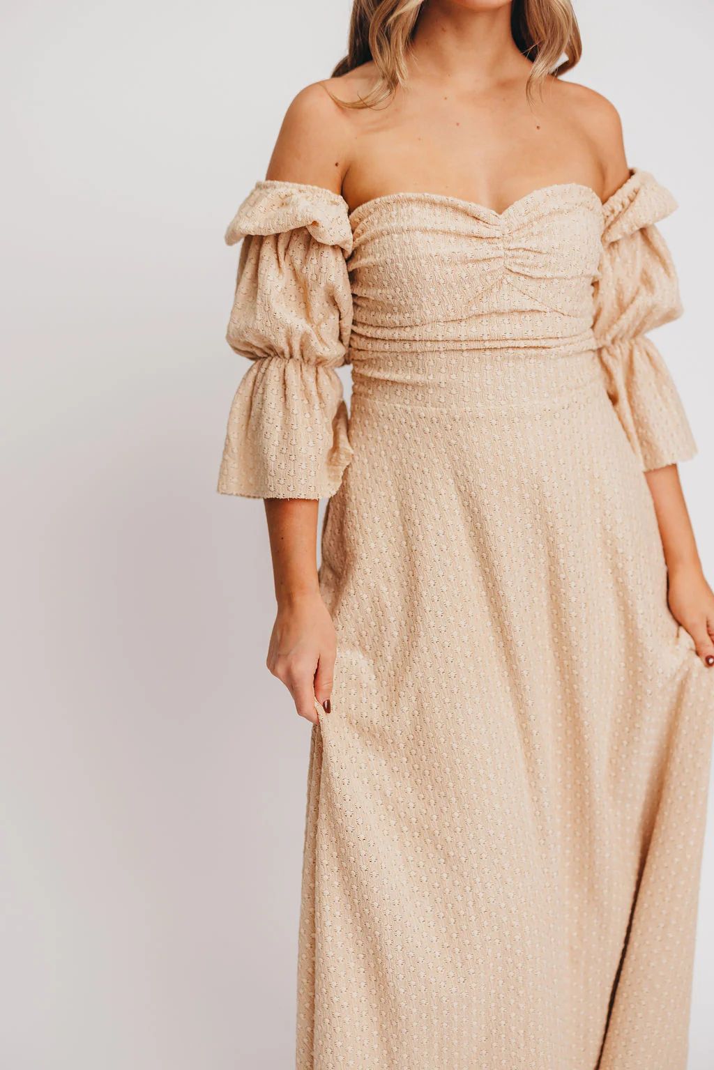 Corrine Tiered Sleeve Maxi Dress with Pockets in Beige - Bump Friendly | Worth Collective