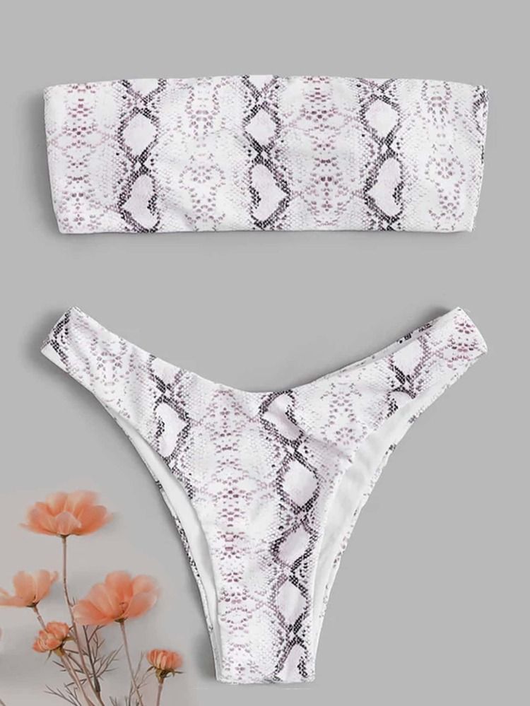 Snakeskin Print Bandeau Bikini Swimsuit | SHEIN
