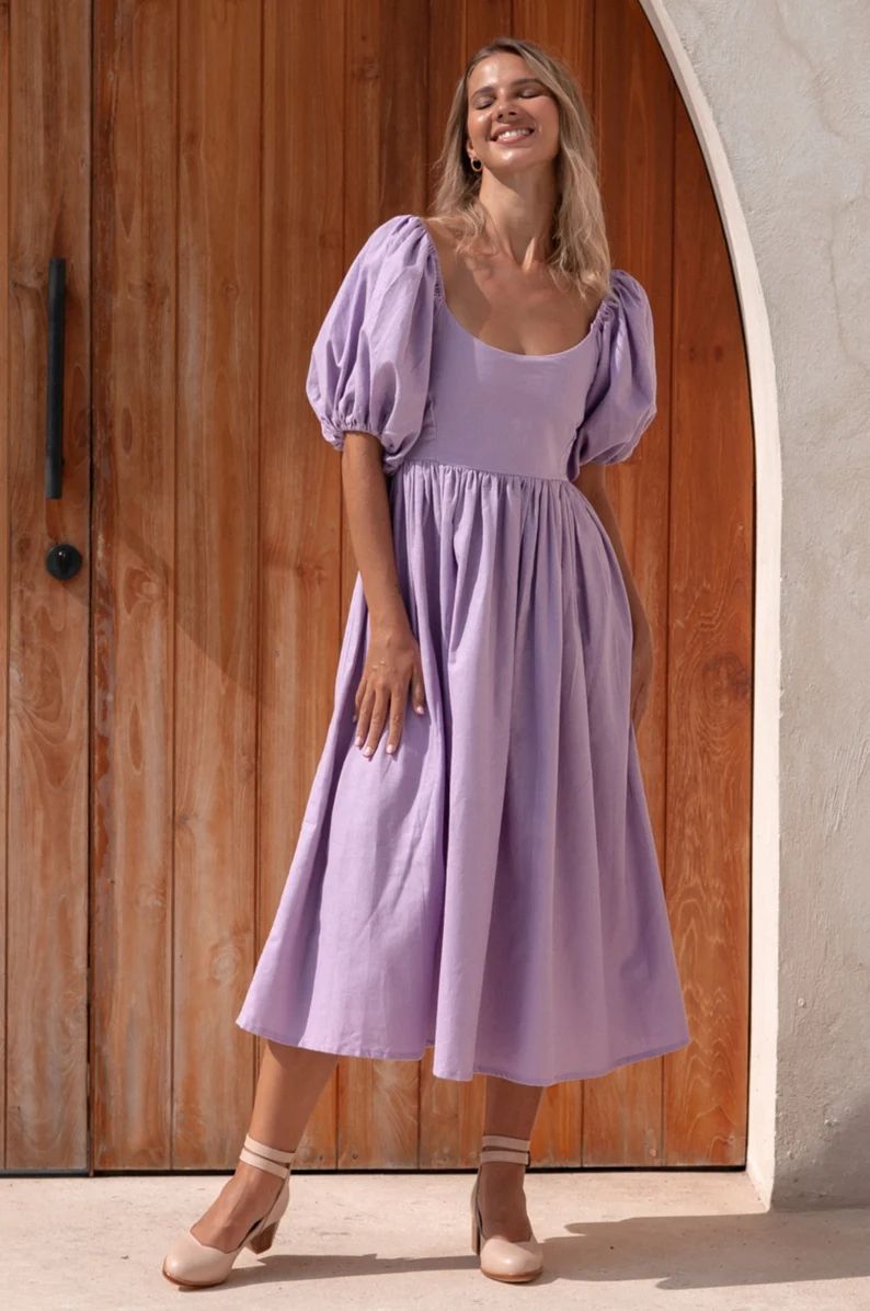 CHERIE Puff Sleeve Midi Dress. Bohemian Gypsy Dress Linen - Etsy | Etsy (US)
