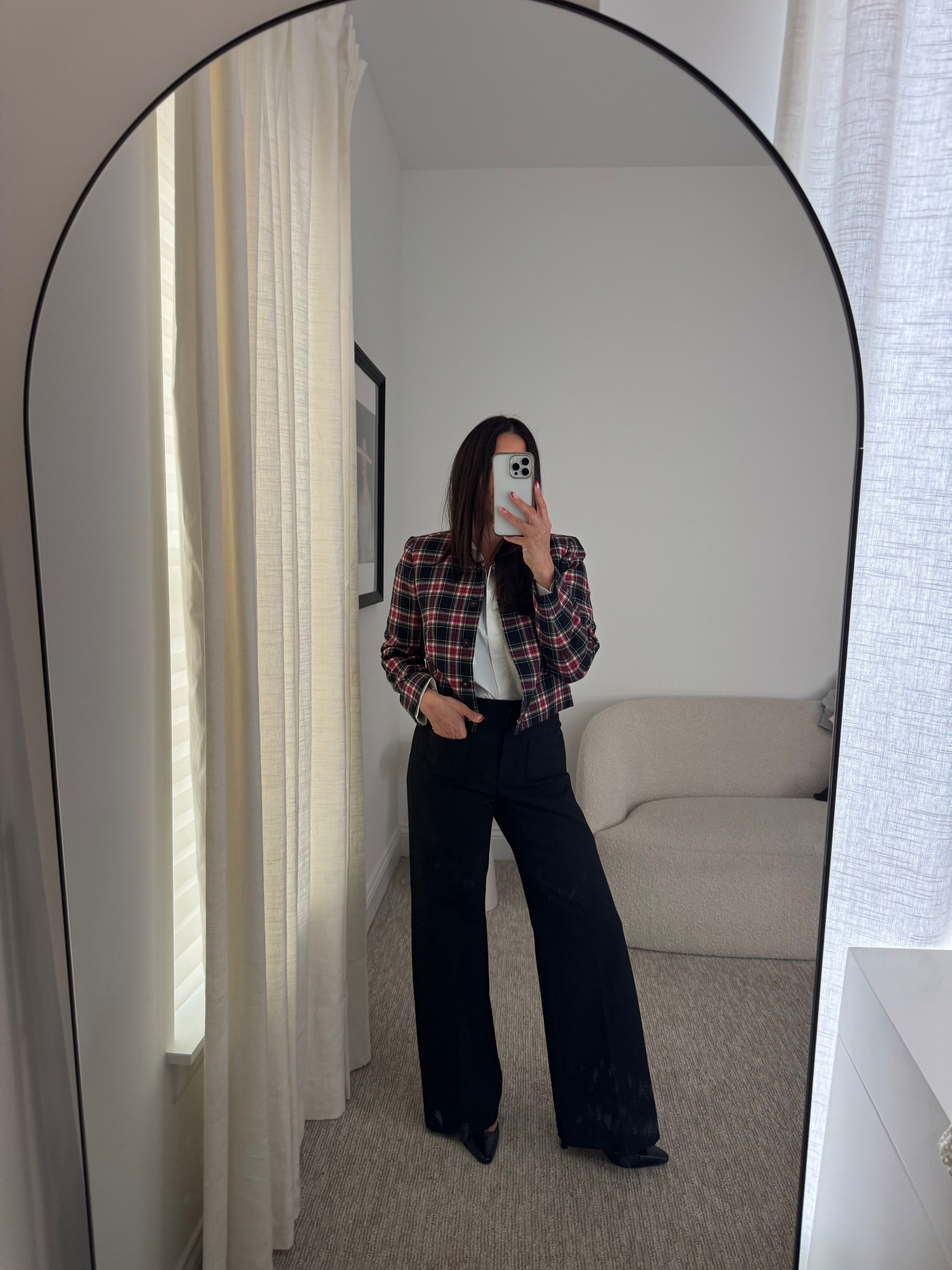 Holiday style wearing my favorite black trousers. They run true to size. I’m wearing 2 petite. Come in several lengths. Holiday style in a cropped plaid blazer that is classic, polished, and timeless. I’m wearing size 2  