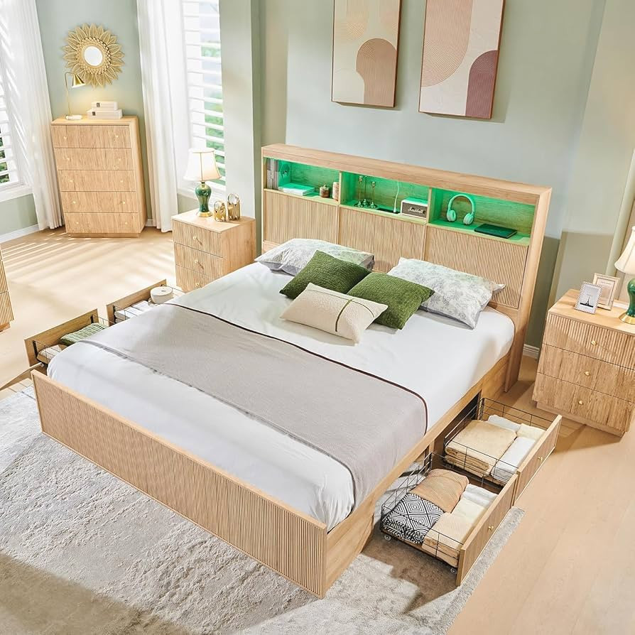 Fluted King Bed Frame with 50" Tall Headboard and Storage,Wooden Platform Bed Frame with LED Ligh... | Amazon (US)