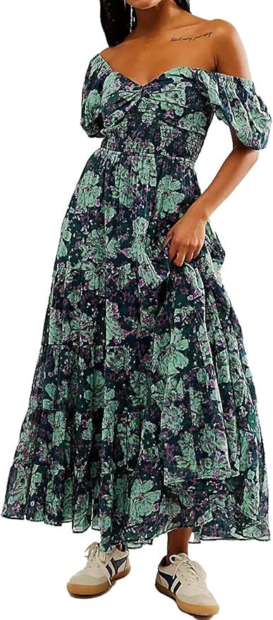 Women Floral Maxi Dress Short Puff Sleeve V Neck Bohemian Flowy Dress Smocked Casual Spring Summe... | Amazon (US)