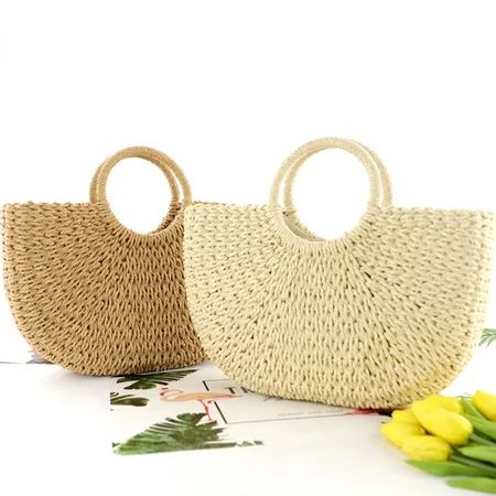 Visland Straw Bags for Women Hand-woven Straw Large Bag Round Handle Ring Tote Retro Summer Beach Ra | Walmart (US)