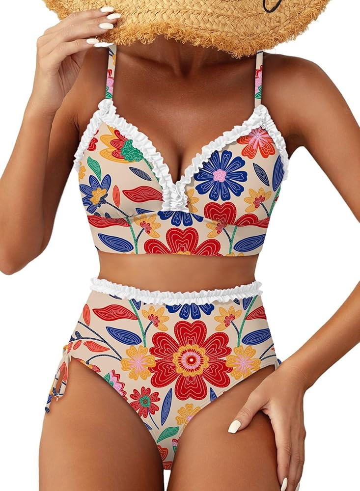 Herseas Women's Splice Ruffle Trim Bikini Sets Tie Side Swimsuits High Waisted Bathing Suits | Amazon (US)