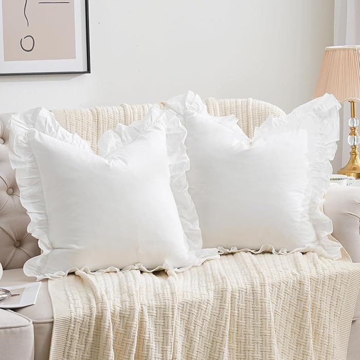 2 Pack 20"x20" Ruffle Throw Pillow Covers Farmhouse Off White Shabby | Amazon (US)